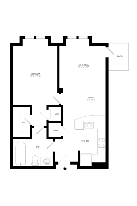 Floor plan for 1 bed, 1 bath, 757 sqft